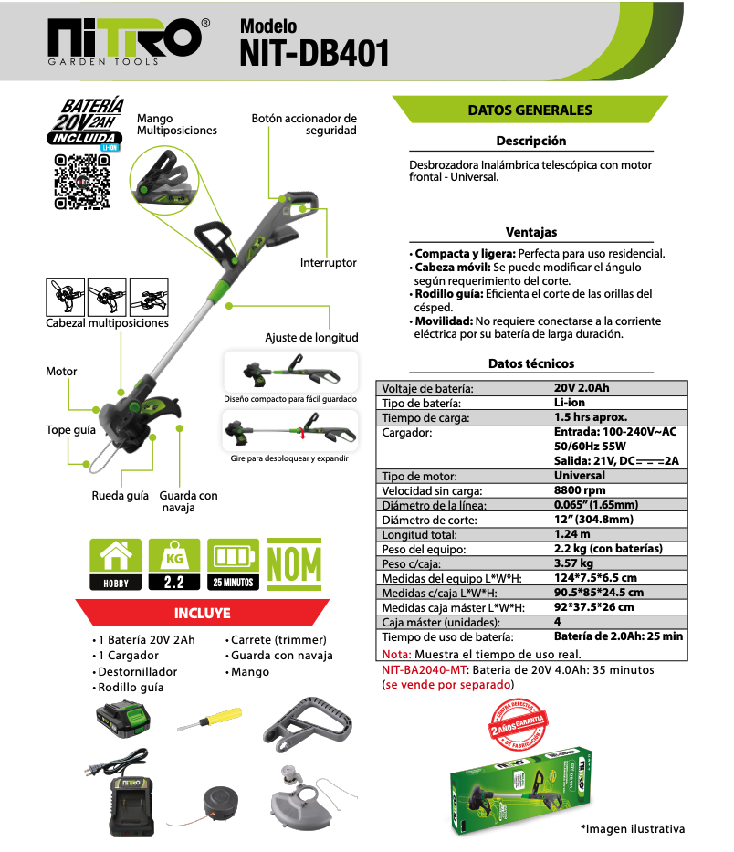 DESBROZADORA ORILLADORA INALÁMBRICA 180W, 8800 RPM, 1 BATERÍA 20V NIT-DB401