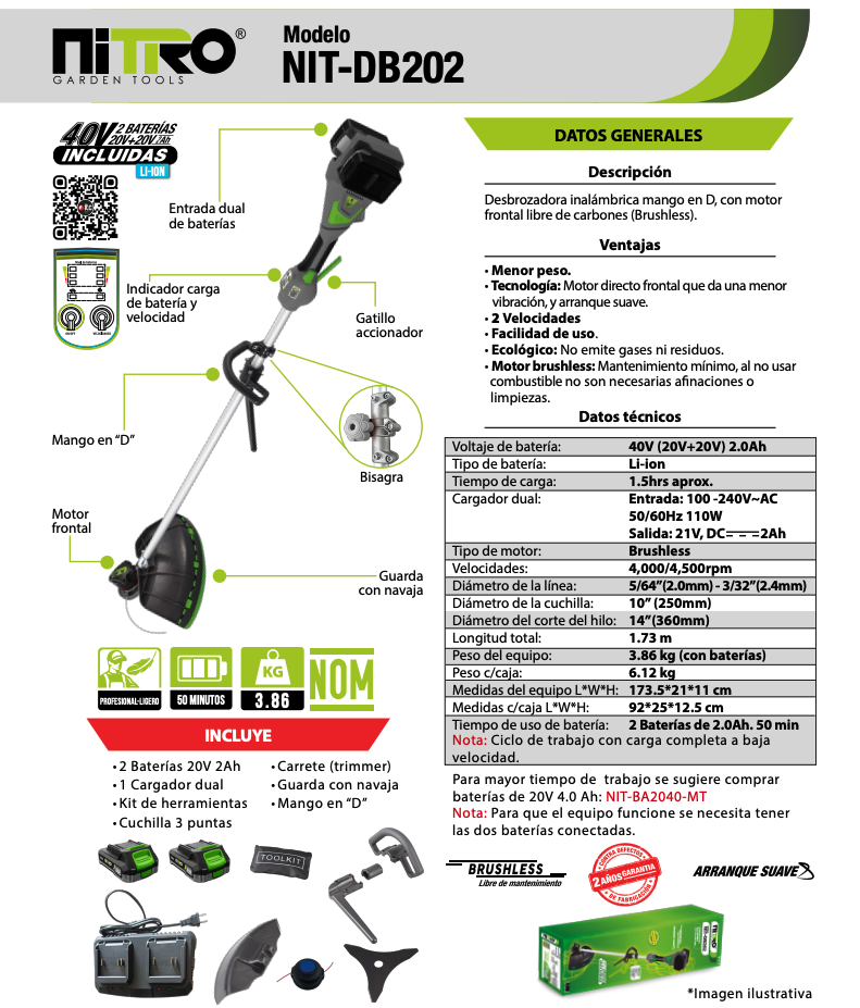 DESBROZADORA C/MOTOR ABAJO INALÁMBRICA 450W, MANGO EN "D" , BRUSHLESS, 2 BATERÍAS 20V NIT-DB202