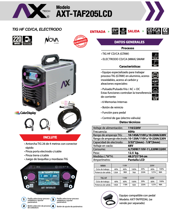 SOLDADORA INVERSOR TIG HF CD/CA 220A TIG ALUMINIO BIVOLTAJE AX Tech AXT-TAF205LCD