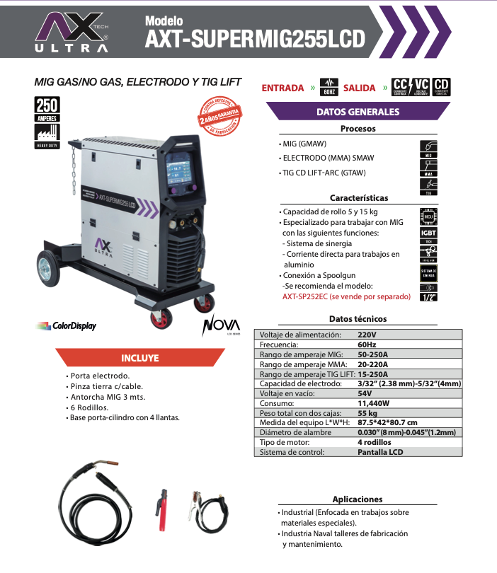 SOLDADORA INVERSOR INDUSTRIAL 250 AMP AX Tech Ultra MIG/MAG/MMA/TIG AXT-SUPERMIG255LCD