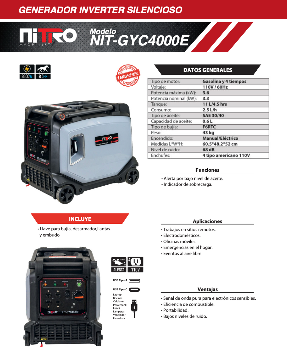 GENERADOR INVERTER SILENCIOSO NITRO 3600w 110v A GASOLINA BAJO RUIDO NIT-GYC4000E