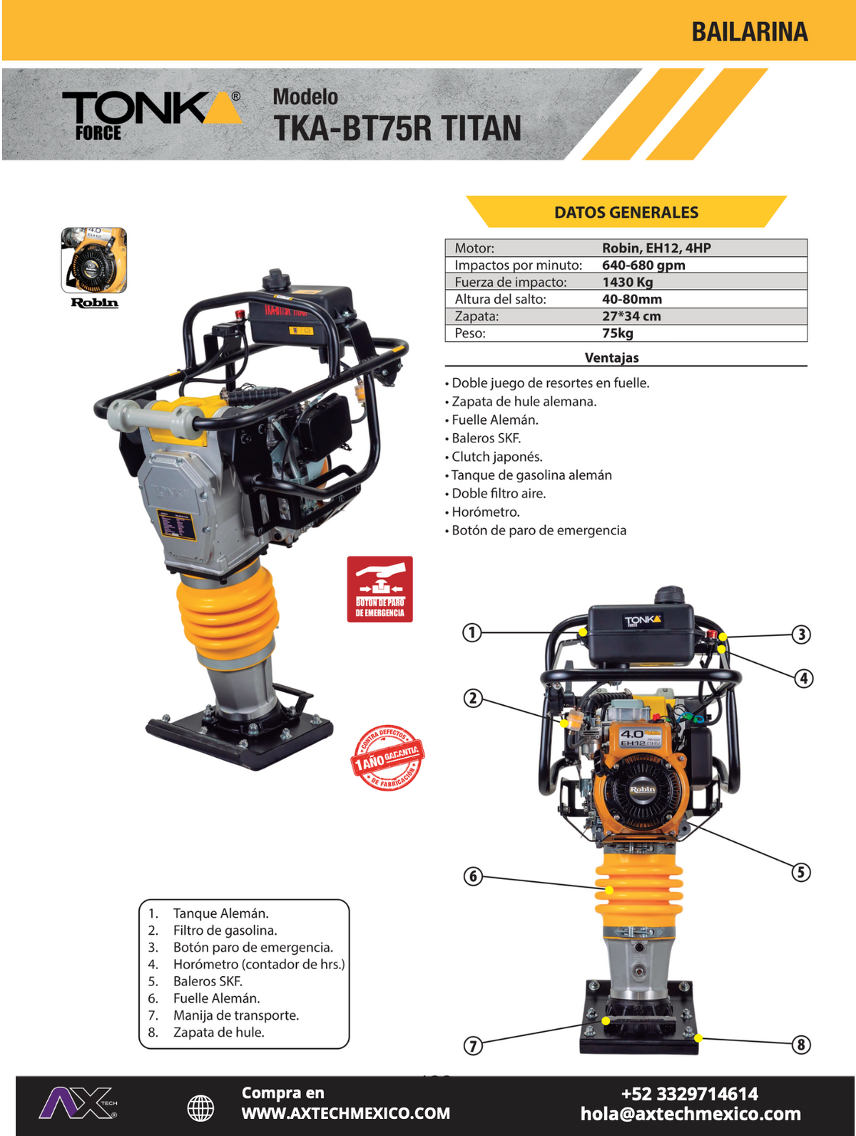 BAILARINA TONKA 75KGS MOTOR ROBIN SUBARU EH12, 1,430Kgs DE FUERZA DE IMPACTO TKA-BT75R TITAN