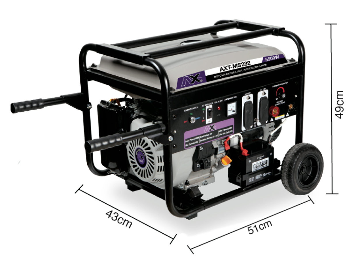 Motosoldadora y Generador a gasolina AX TECH MS232 200amp 5,500w. Encendido eléctrico y manual
