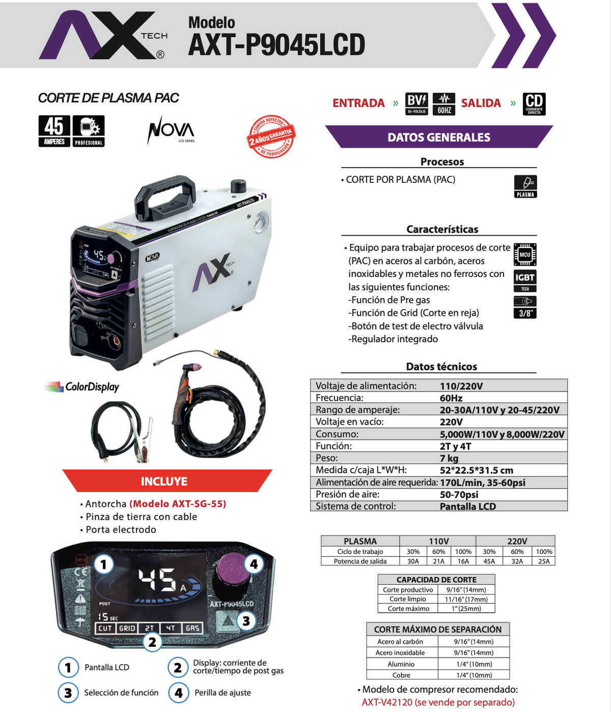 CORTADORA DE PLASMA BI VOLTAJE PANTALLA LCD 110V/30A - 220V/45A AXT-P9045LCD