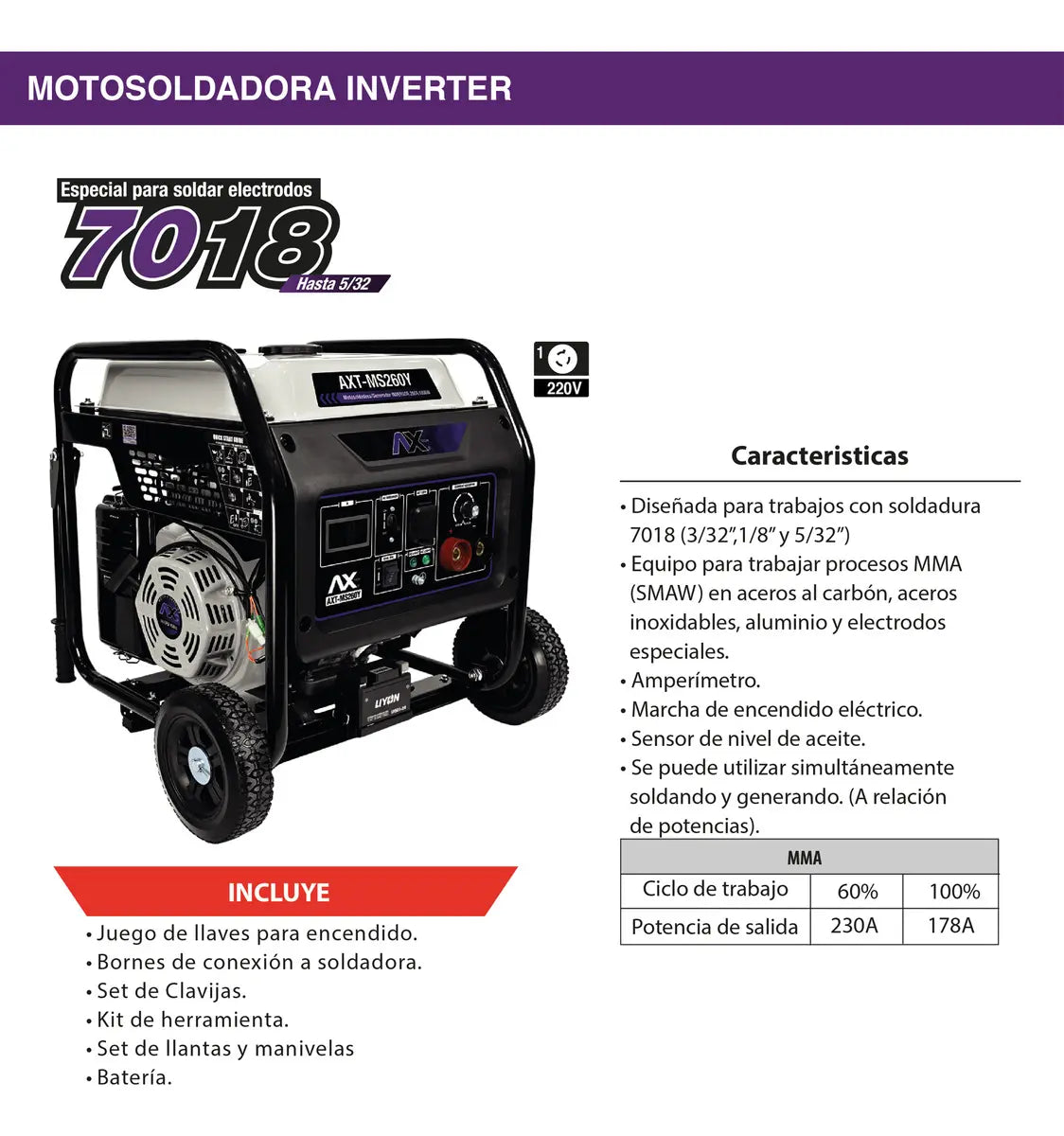 MOTOSOLDADORA Y GENERADOR A GASOLINA INVERTER, 260AMP, 110V, 14 HP, 1800Wtts, CON MARCHA Y BATERIA