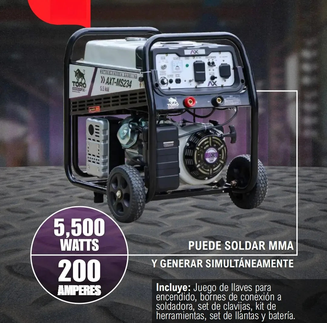 MOTOSOLDADORA A GASOLINA 50-180A 120/240V 16HP ENCENDIDO ELECTRICO Y LLANTAS