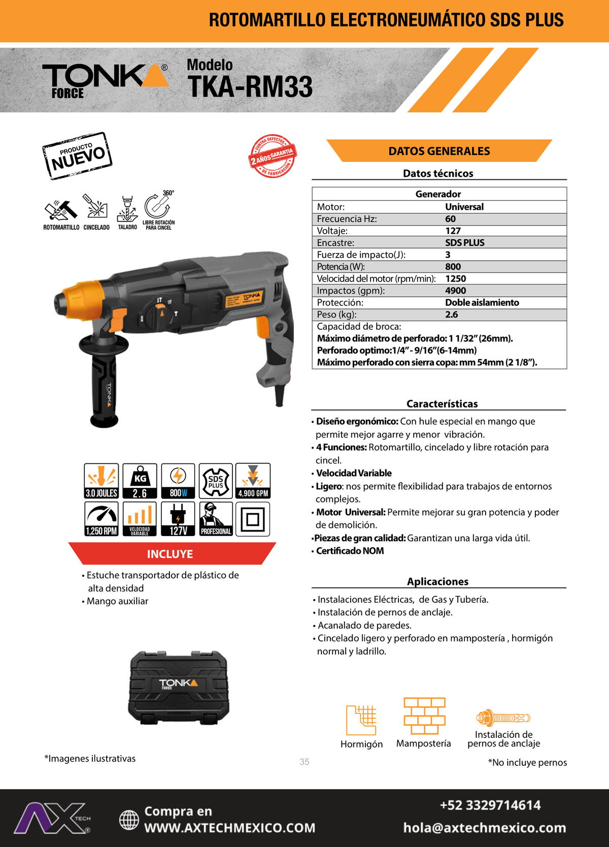 ROTOMARTILLO ELECTRONEUMÁTICO SDS PLUS TONKA FORCE 3J 800W TKA-RM33