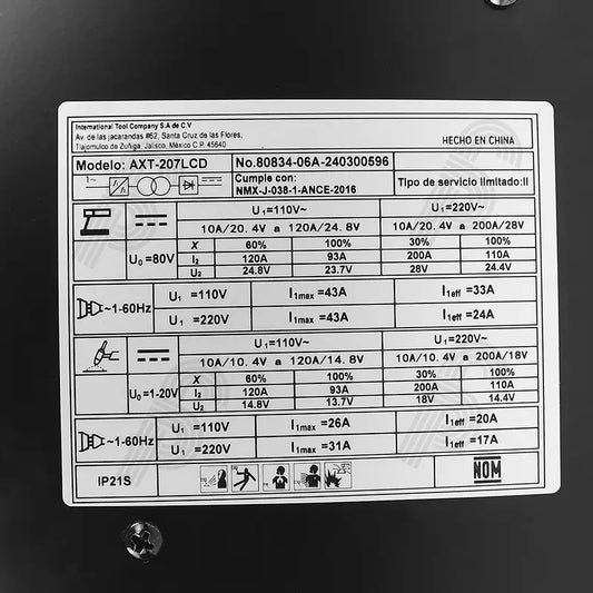 SOLDADORA INVERSOR ELECTRODO y Tig Lift BIVOLTAJE con PANTALLA LCD 200A AX TECH AXT-207LCD