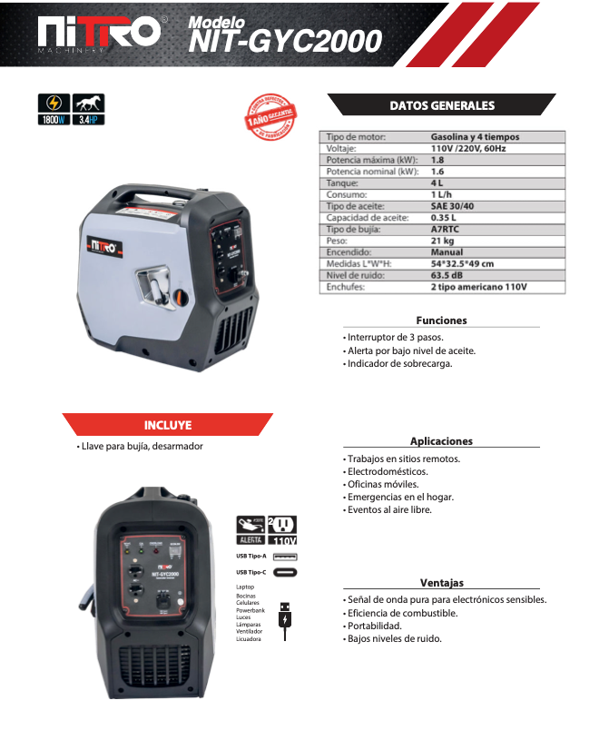 GENERADOR INVERTER SILENCIOSO NITRO 2000w 110v 66db GYC2000