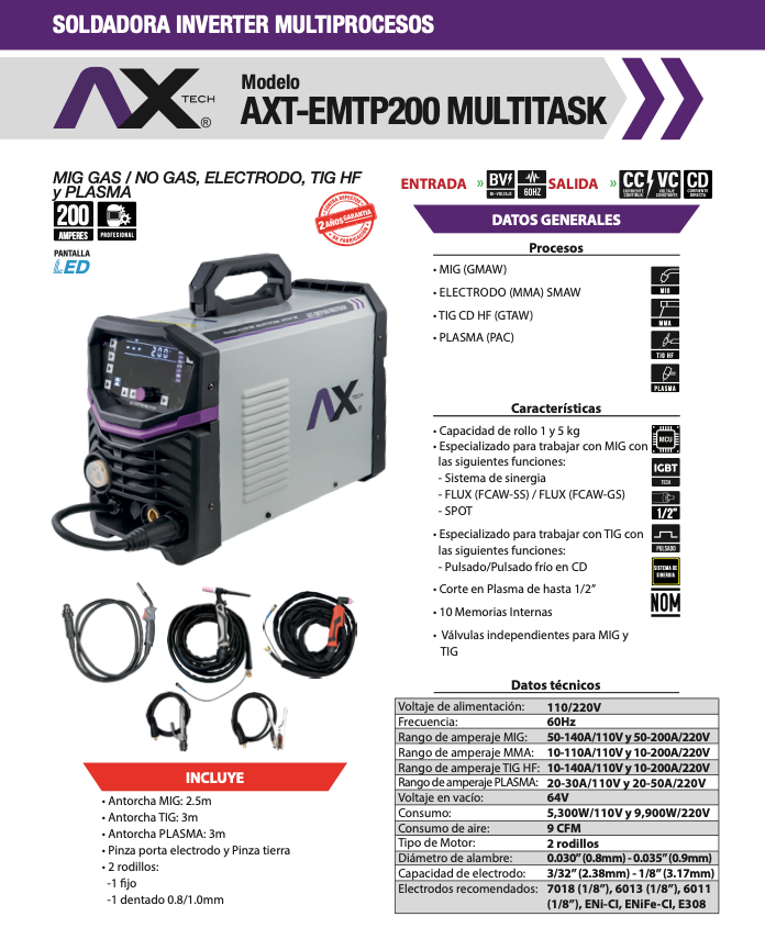SOLDADORA INVERTER MULTIPROCESOS 4 en 1 MIG / MMA / TIG ALTA FRECUENCIA / CORTE PLASMA / AX TECH AXT-EMTP200MULTITASK