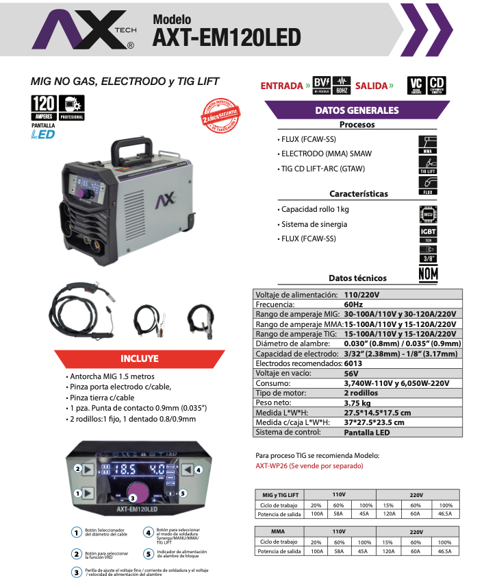 COMBO SOLDADORA INVERSOR MICROALAMBRE 1 Kg / ELECTRODO Y TIG LIFT 120A, BI VOLTAJE CON ESMERILADORA AXT-ES855, 10 DISCOS Y ROLLO DE 1 KG AXT-EM120LED-C1