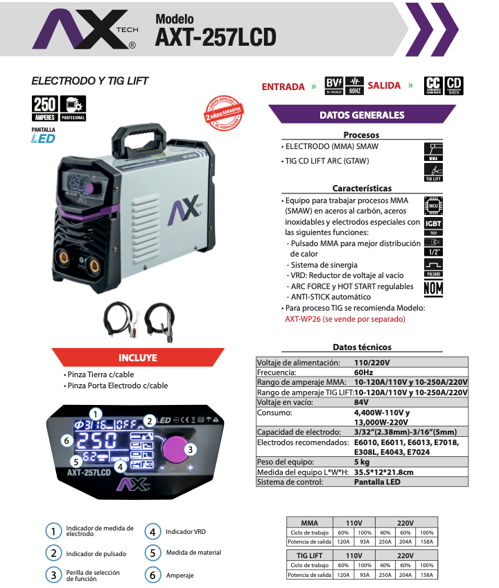 COMBO SOLDADORA INVERSOR 250 amp AX TECH BIVOLTAJE 110/220V AXT-257LCD
