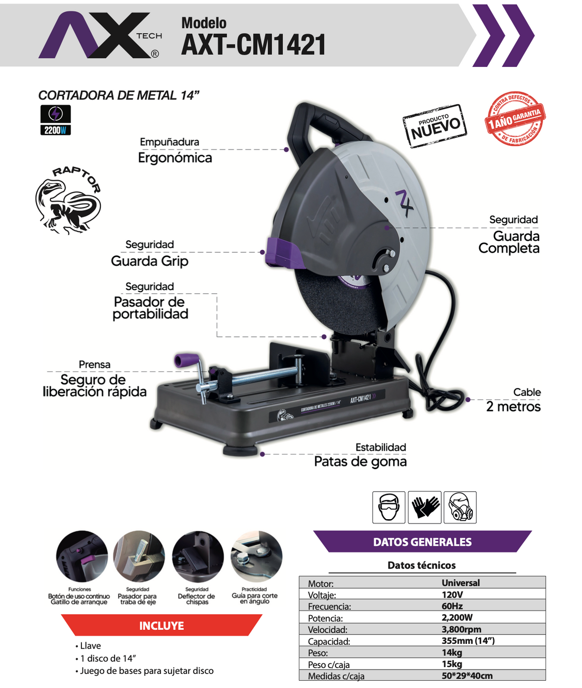 COMBO CORTADORA DE METALES AX TECH 14" + ORGANIZADO PACKOUT DE HERRAMIENTA USO  RUDO  AXT-CM1421