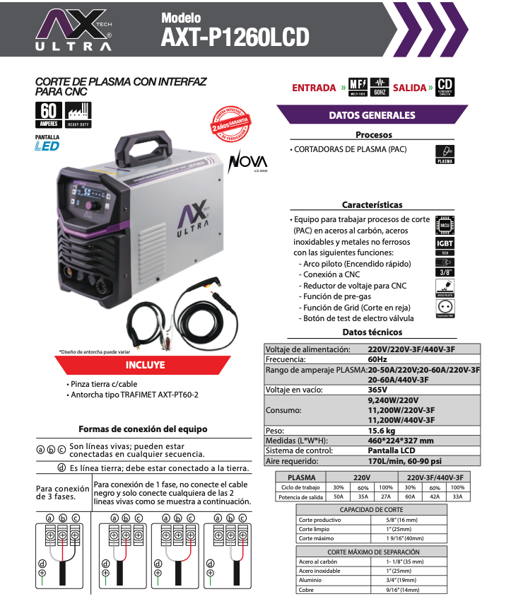 CORTADORA DE PLASMA 60 amp 220v / 440v AX TECH AXT-P1260LCD