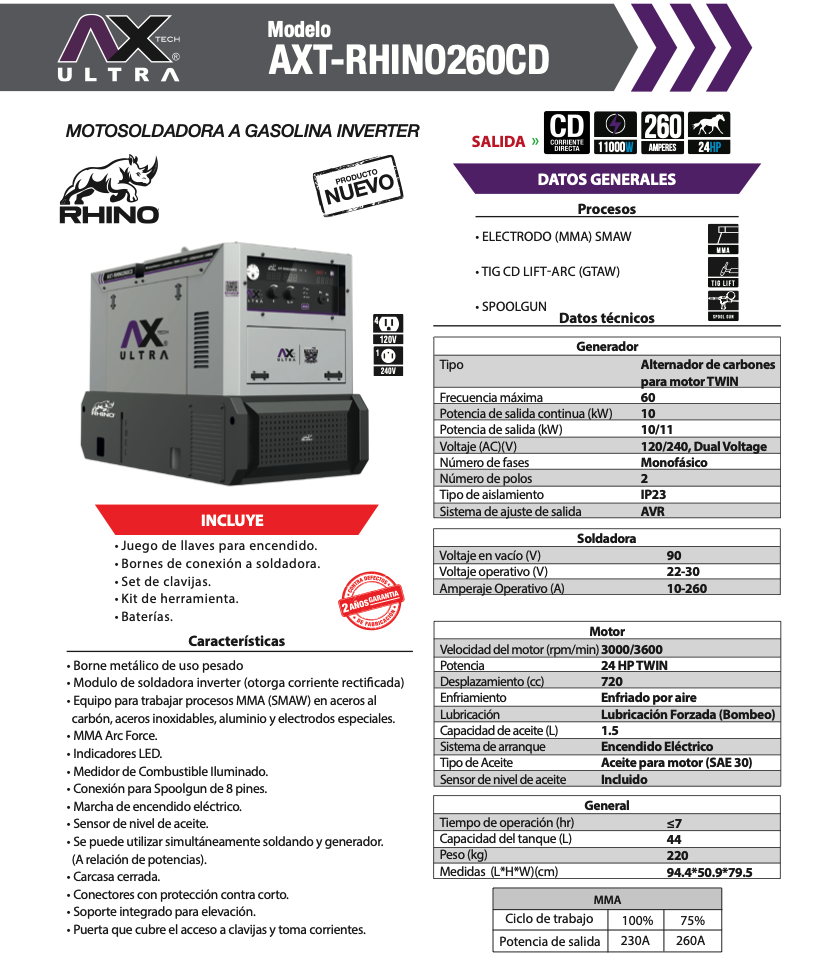 Combo MOTOSOLDADORA A GASOLINA INVERTER INDUSTRIAL RHINO AX TECH 120/240v 260amp SOLDA Y GENERA AL MISMO TIEMPO AXT-RHINO260CD