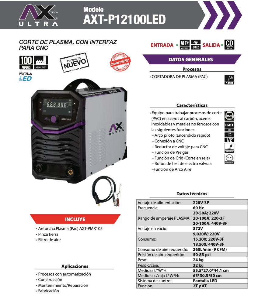 CORTADORA DE PLASMA INDUSTRIAL 100AMPERES 220V  AX Tech Ultra CONEXION A CNC AXT-P12100LED