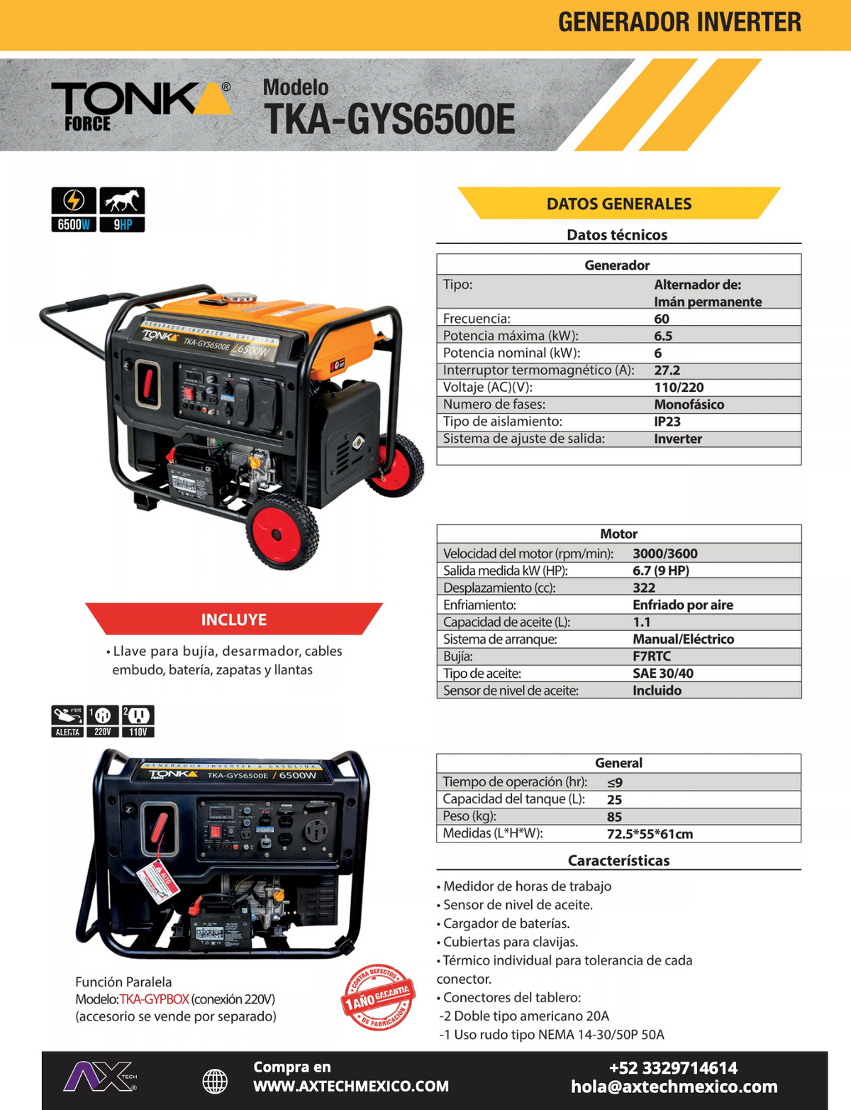 GENERADOR INVERTER A GASOLINA TONKA 6500W 9HP TKA-GYS6500E