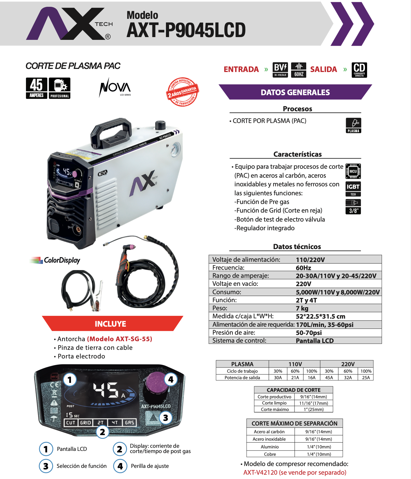 CORTADORA DE PLASMA BI VOLTAJE PANTALLA LCD 110V/30A - 220V/45A AXT-P9045LCD