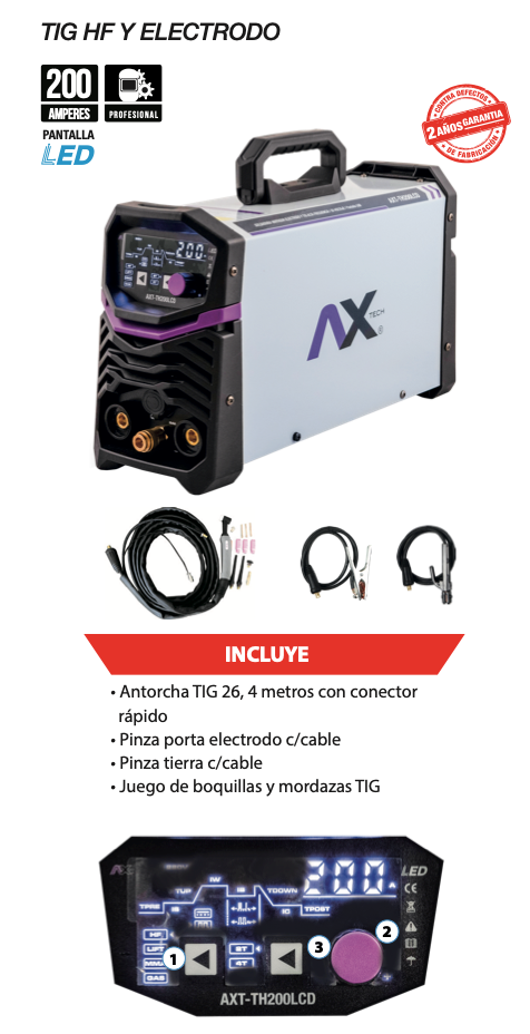 SOLDADORA INVERSOR TIG HF ALTA FRECUENCIA Y MMA 200AMP BIVOLTAJE 110/220V AXT-TH200LCD
