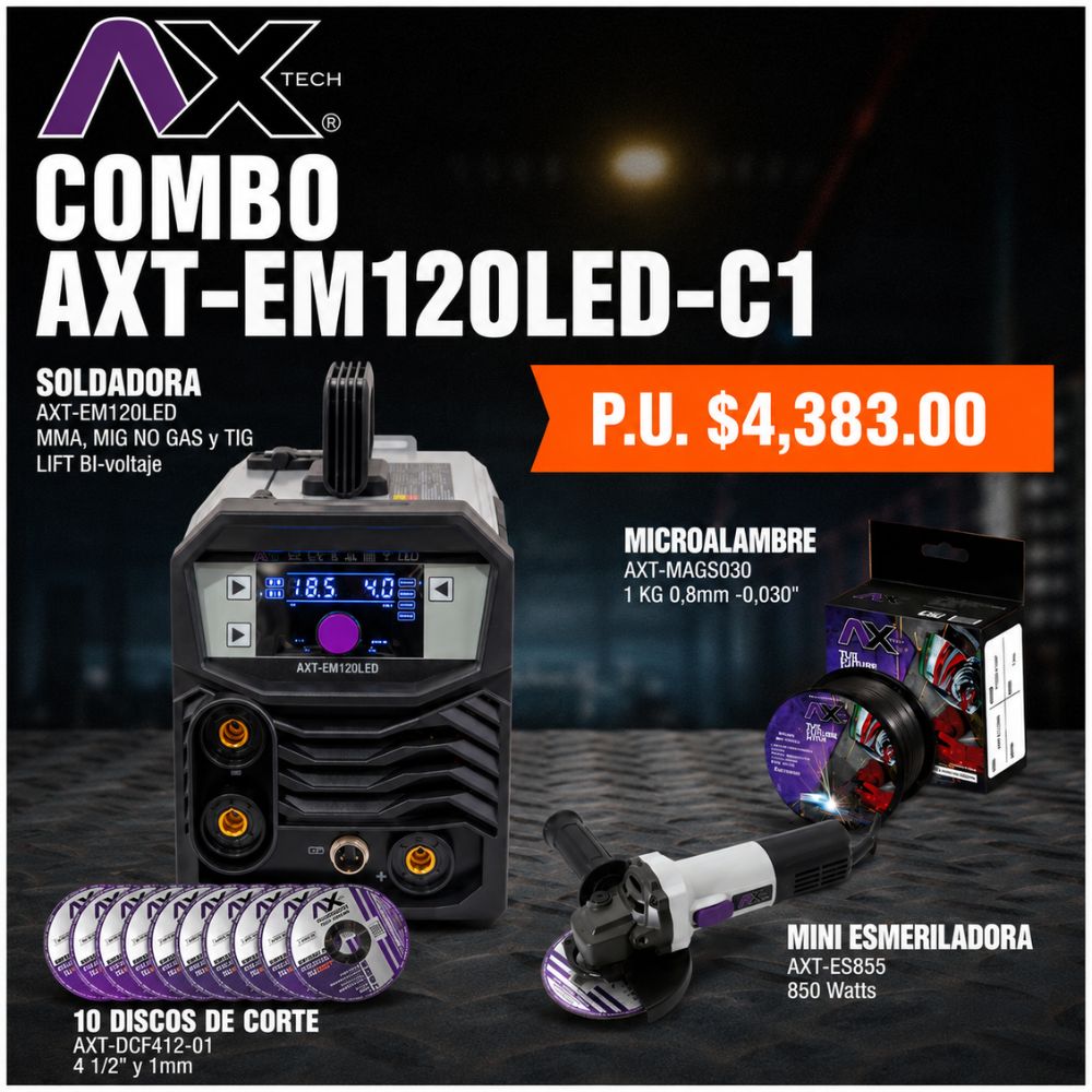 COMBO SOLDADORA INVERSOR MICROALAMBRE 1 Kg / ELECTRODO Y TIG LIFT 120A, BI VOLTAJE CON ESMERILADORA AXT-ES855, 10 DISCOS Y ROLLO DE 1 KG AXT-EM120LED-C1