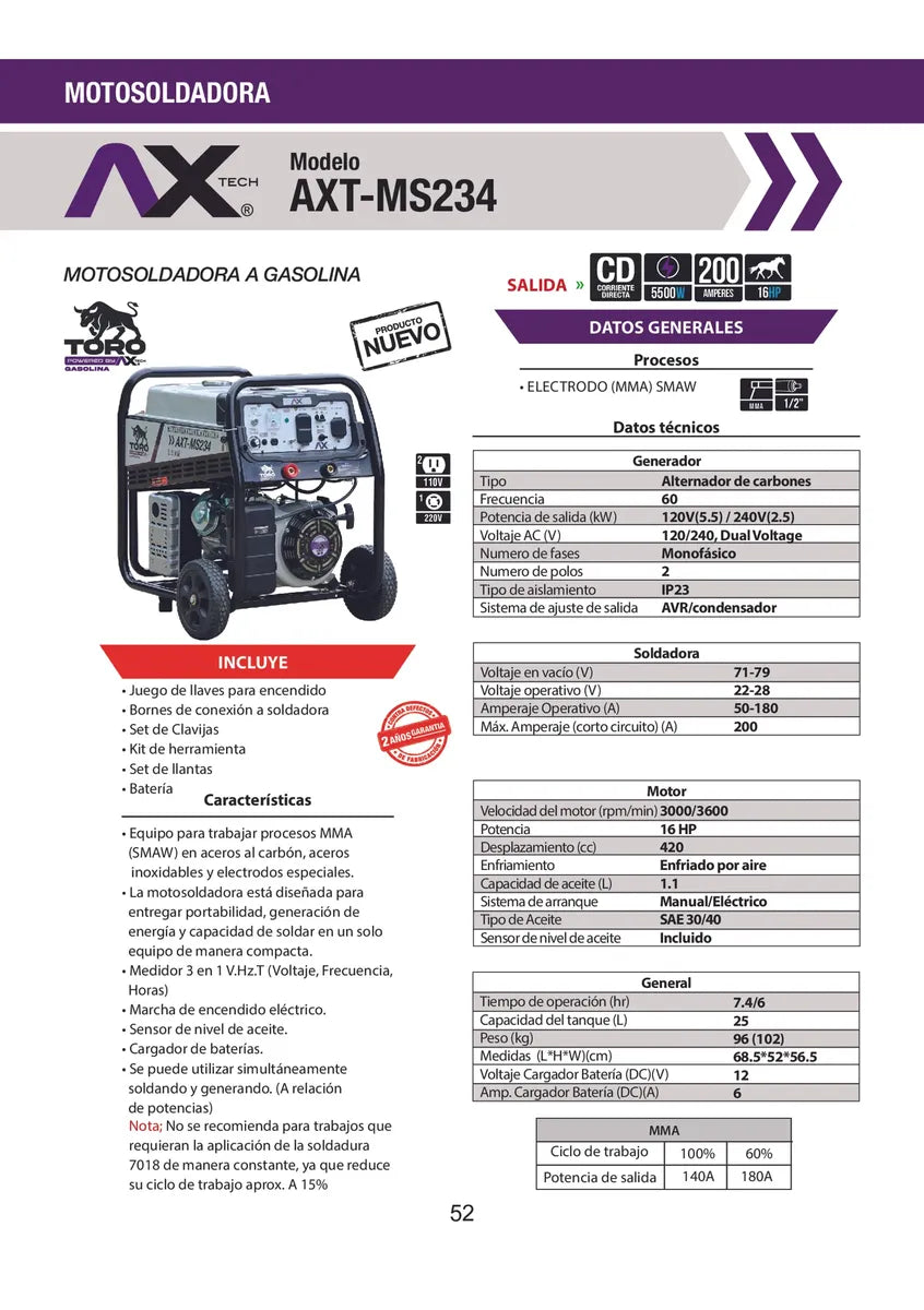 MOTOSOLDADORA A GASOLINA 50-180A  120/240V 16HP ENCENDIDO ELECTRICO Y LLANTAS