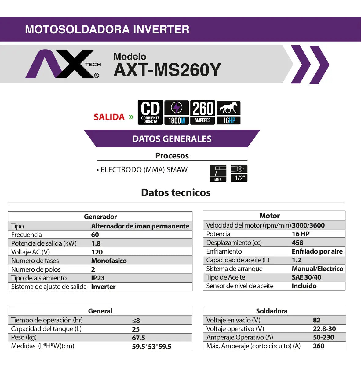 MOTOSOLDADORA Y GENERADOR A GASOLINA INVERTER, 260AMP, 110V, 14 HP, 1800Wtts, CON MARCHA Y BATERIA
