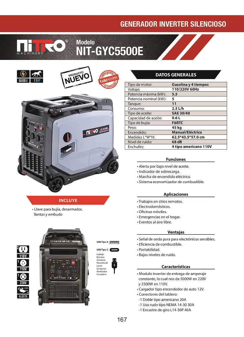 GENERADOR INVERTER SILENCIOSO NITRO A GASOLINA 5,500W NIT-GYC5500E
