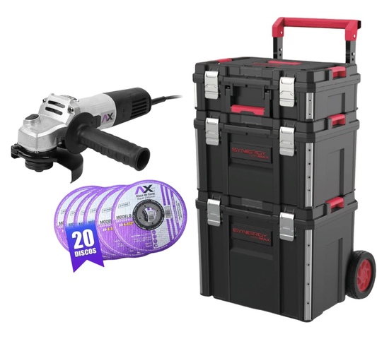 COMBO MINI ESMERILADORA 4 1/2" AX TECH + CAJA de HERRAMIENTAS PACKOUT USO RUDO