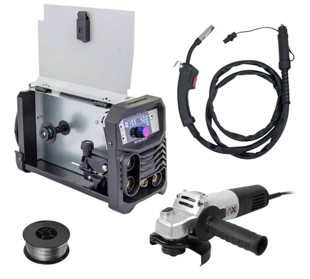 COMBO SOLDADORA INVERSOR MICROALAMBRE 1 Kg / ELECTRODO Y TIG LIFT 120A, BI VOLTAJE CON ESMERILADORA AXT-ES855, 10 DISCOS Y ROLLO DE 1 KG AXT-EM120LED-C1