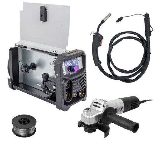 COMBO SOLDADORA INVERSOR MICROALAMBRE 1 Kg / ELECTRODO Y TIG LIFT 120A, BI VOLTAJE CON ESMERILADORA AXT-ES855, 10 DISCOS Y ROLLO DE 1 KG AXT-EM120LED-C1