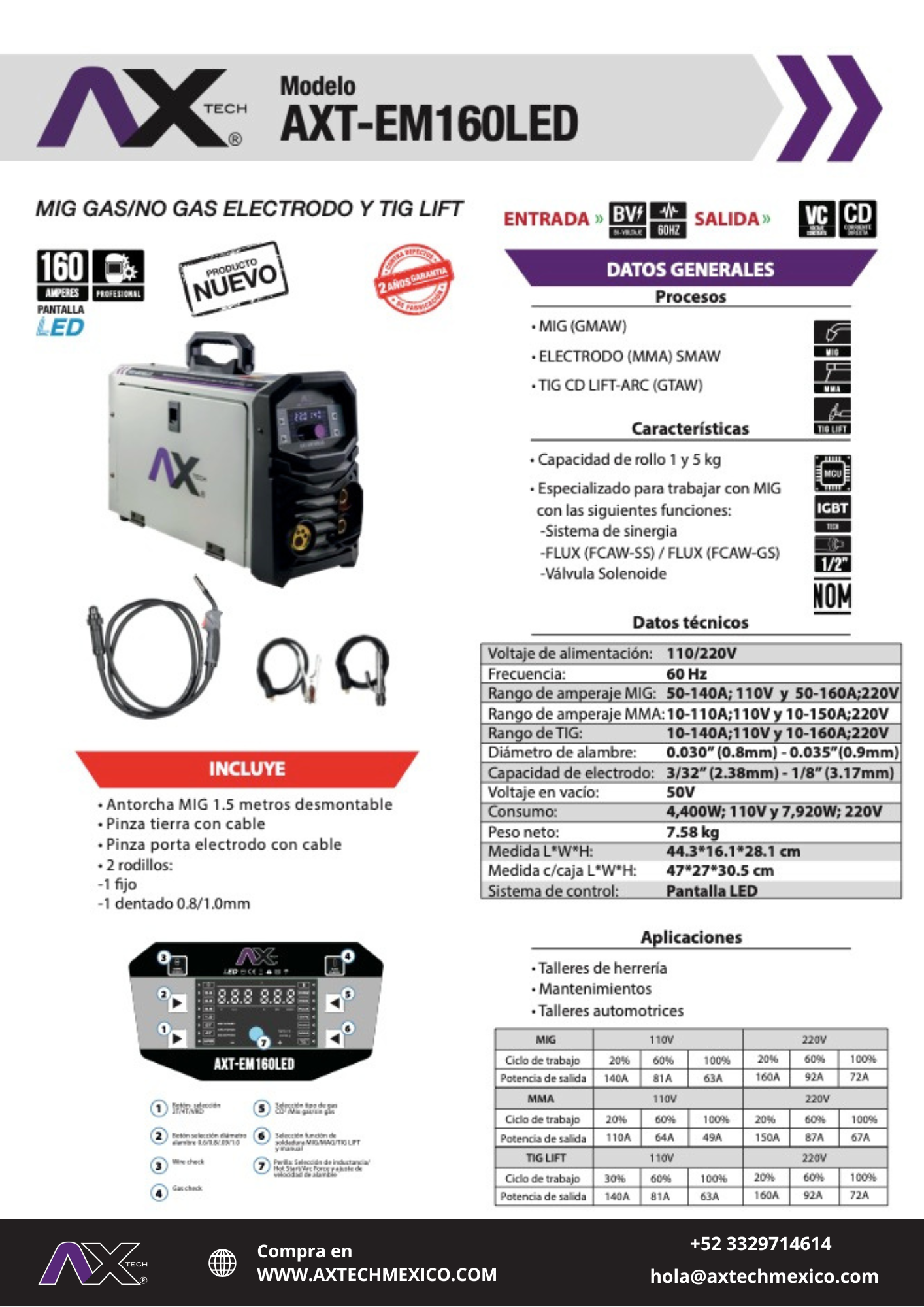SOLDADORA INVERSOR MICROALAMBRE AX TECH 160amp Bivoltaje 110/220v PARA ROLLOS DE 5 KG  AXT-EM160LED