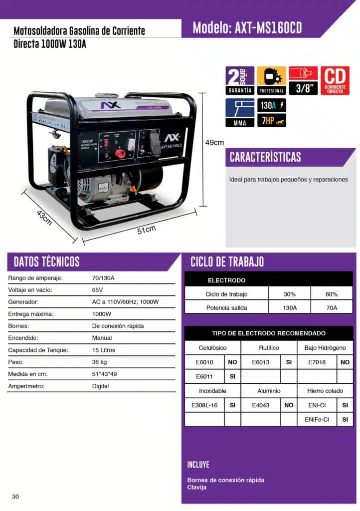MOTOSOLDADORA Y GENERADOR AXT-MS160CD A GASOLINA DE CORRIENTE DIRECTA | 1000W 130 Amp