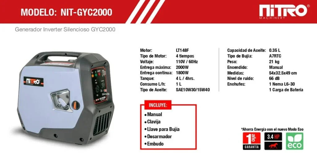 GENERADOR INVERTER SILENCIOSO NITRO 2000w 110v 66db GYC2000