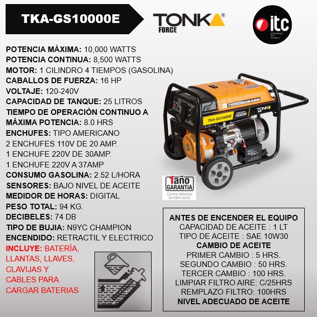 Generador a gasolina Tonka 10000W 16HP