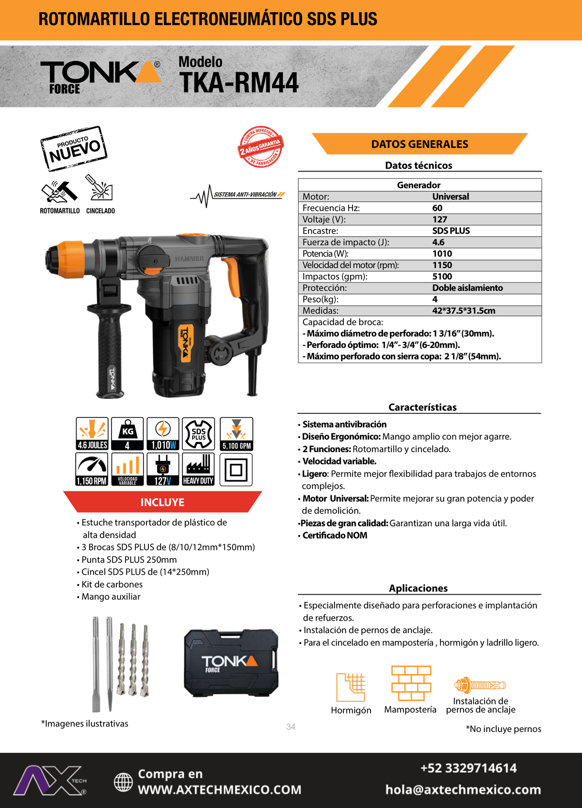 ROTOMARTILLO ELECTRONEUMÁTICO SDS PLUS TONKA FORCE 4.6J 1010W TKA-RM44