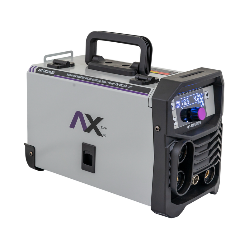 COMBO SOLDADORA INVERSOR MICROALAMBRE 1 Kg / ELECTRODO Y TIG LIFT 120A, BI VOLTAJE CON ESMERILADORA AXT-ES855, 10 DISCOS Y ROLLO DE 1 KG AXT-EM120LED-C1