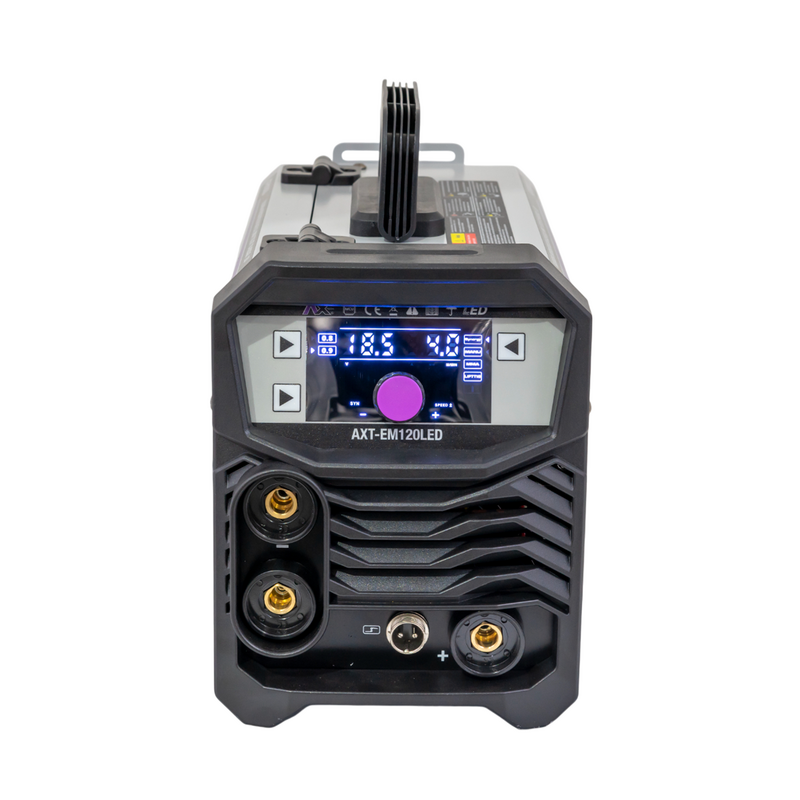 COMBO SOLDADORA INVERSOR MICROALAMBRE 1 Kg / ELECTRODO Y TIG LIFT 120A, BI VOLTAJE CON ESMERILADORA AXT-ES855, 10 DISCOS Y ROLLO DE 1 KG AXT-EM120LED-C1