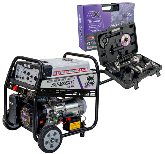 Combo MOTOSOLDADORA Y GENERADOR A GASOLINA 50-180A  120/240V 16HP ENCENDIDO ELECTRICO Y LLANTAS + KIT INALAMBRICO ESMERILADORA Y TALADRO AX TECH AXT-KITER20V AXT-MS234