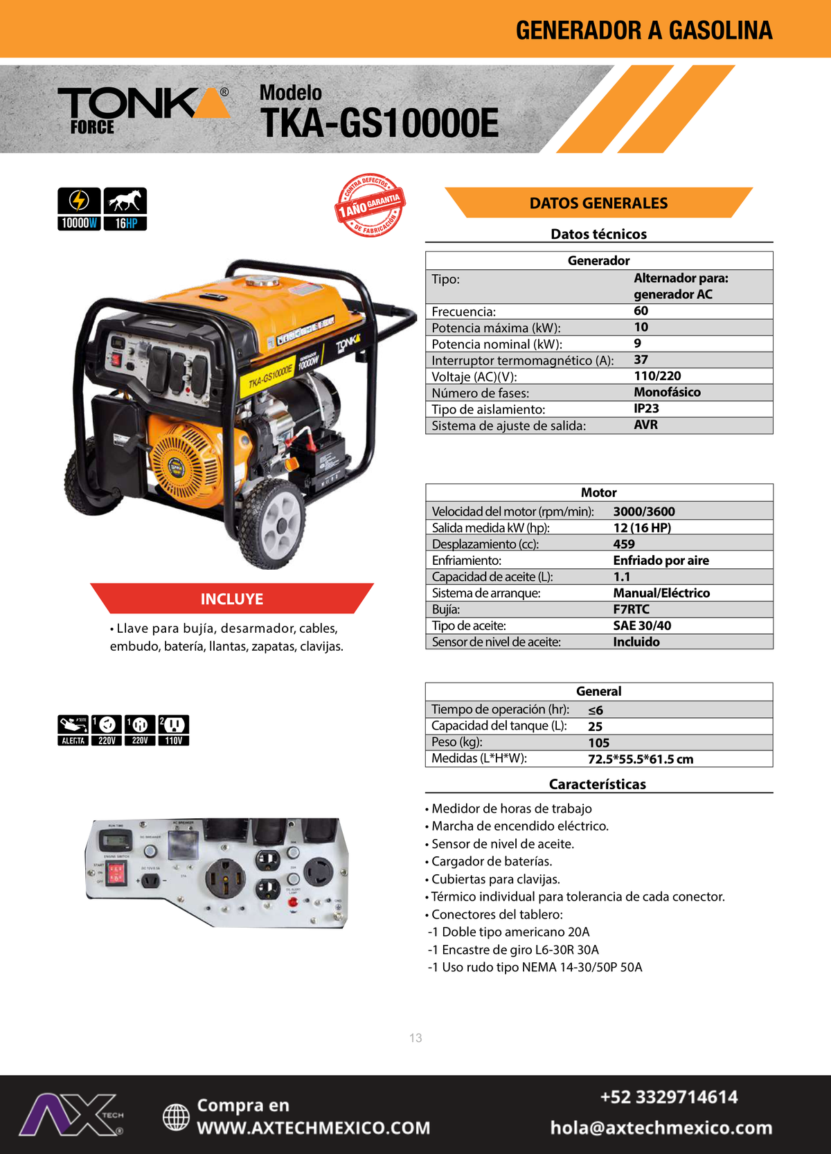 Ficha técnica Generador a gasolina Tonka 10000W 16HP