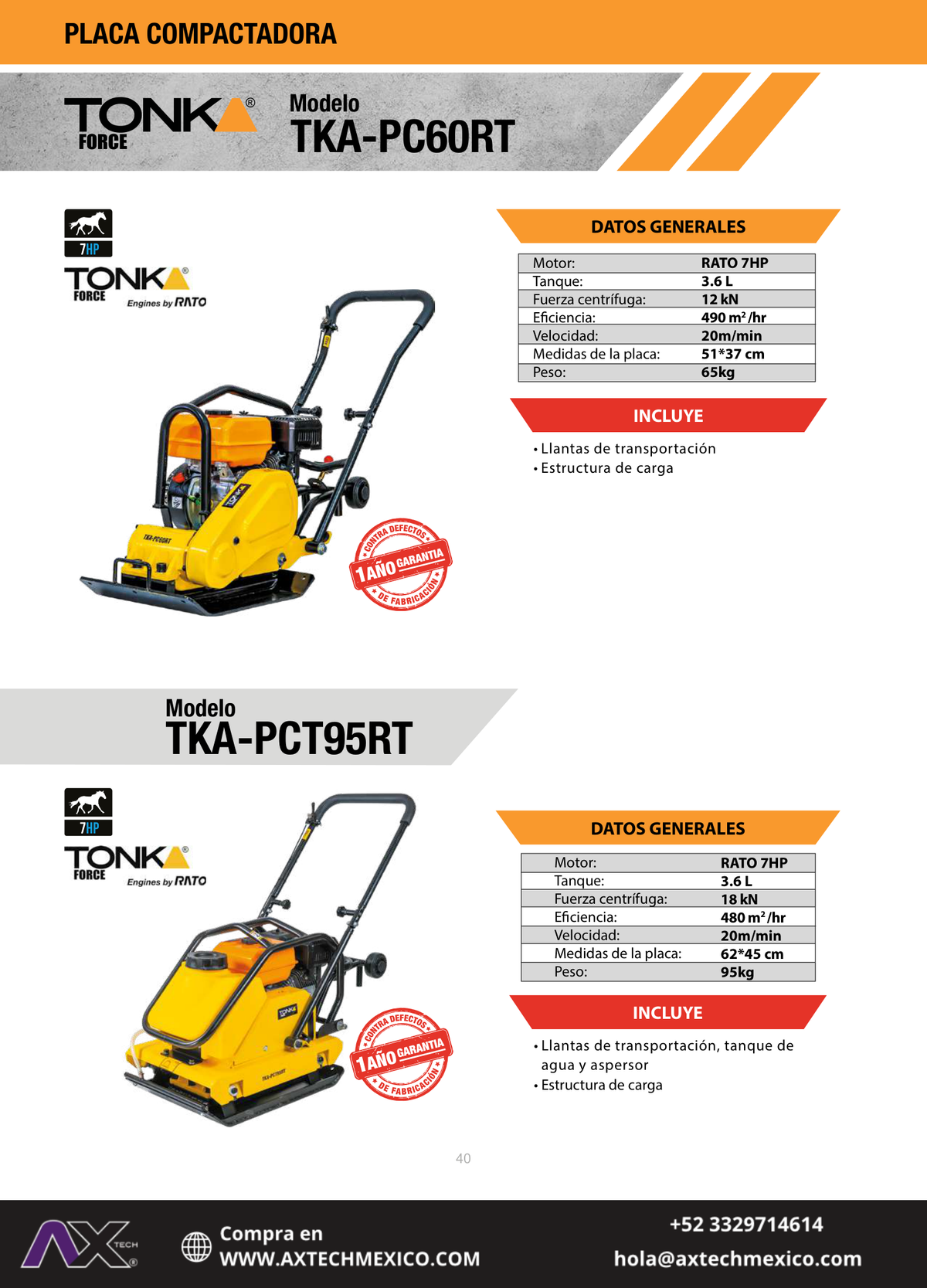 Ficha técnica Placa compactadora Tonka Force 7HP uso industrial