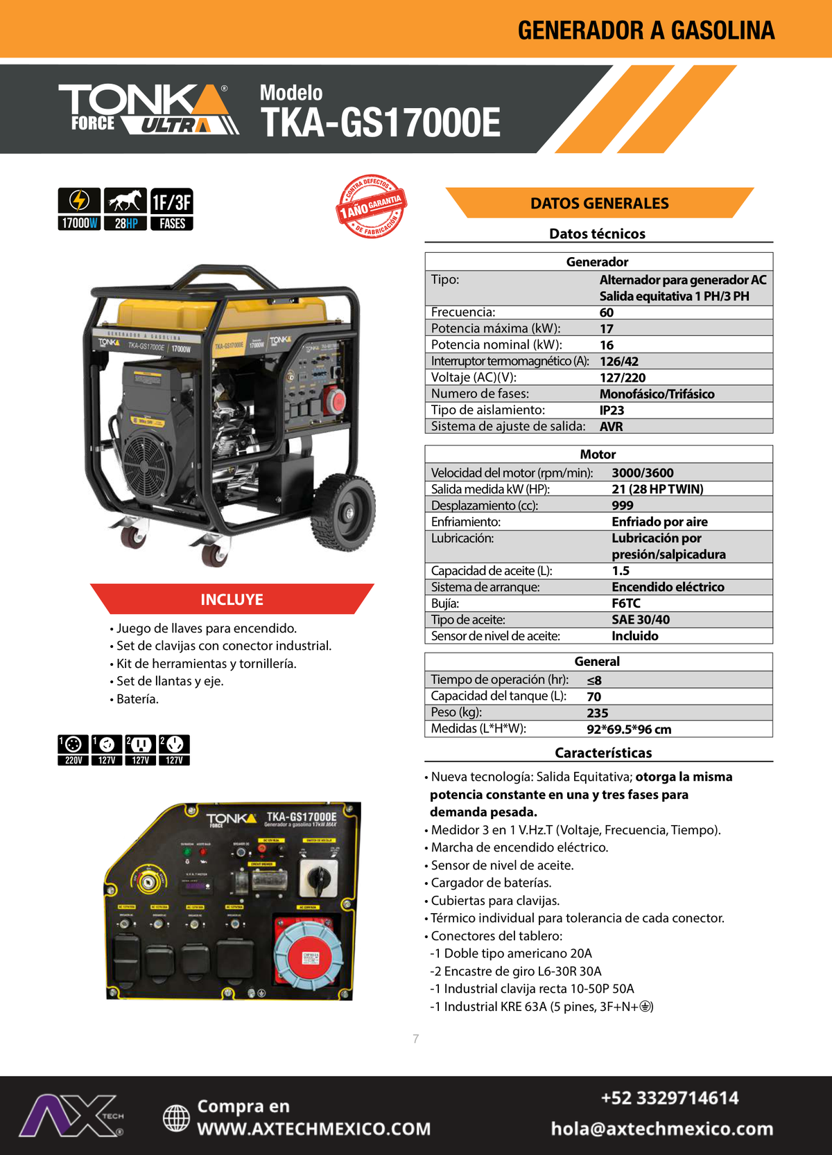 Ficha técnica Generador a gasolina Tonka 17000W 28HP mono/trifásico